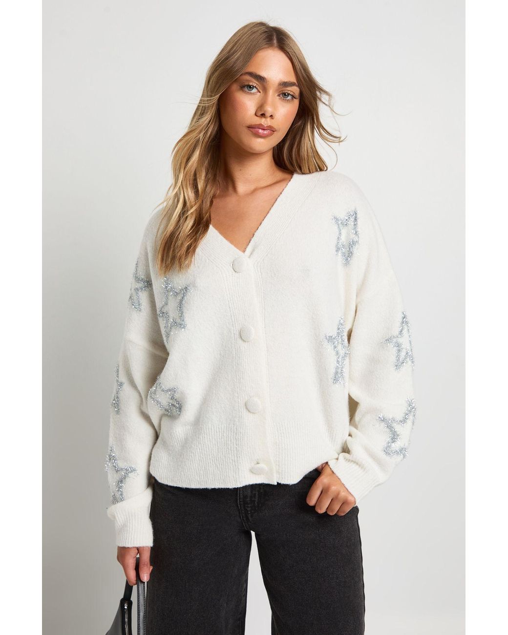 Boohoo White Star Tinsel Print Oversized Knitted Cardigan