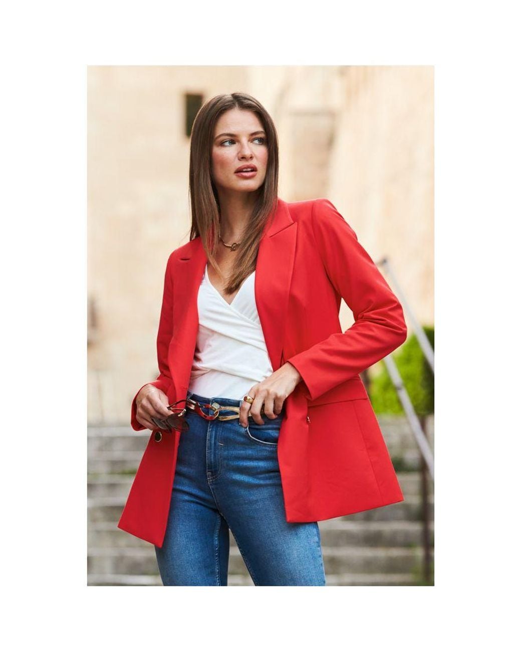 Sosandar Red Tuxedo Blazer Jacket With Buttons