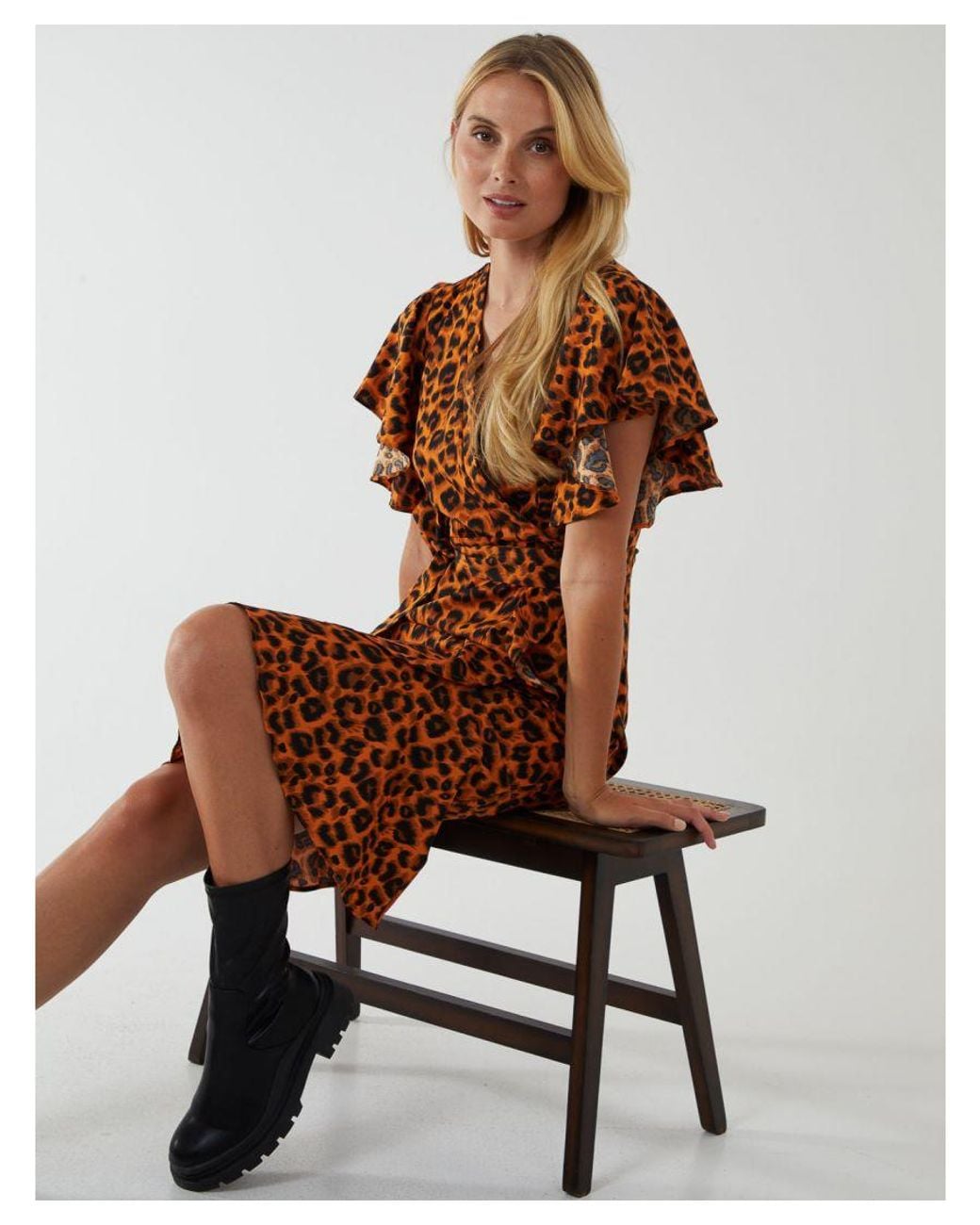 Blue Vanilla Brown Ladies Leopard Print Wrap Ruffle Midi Dress