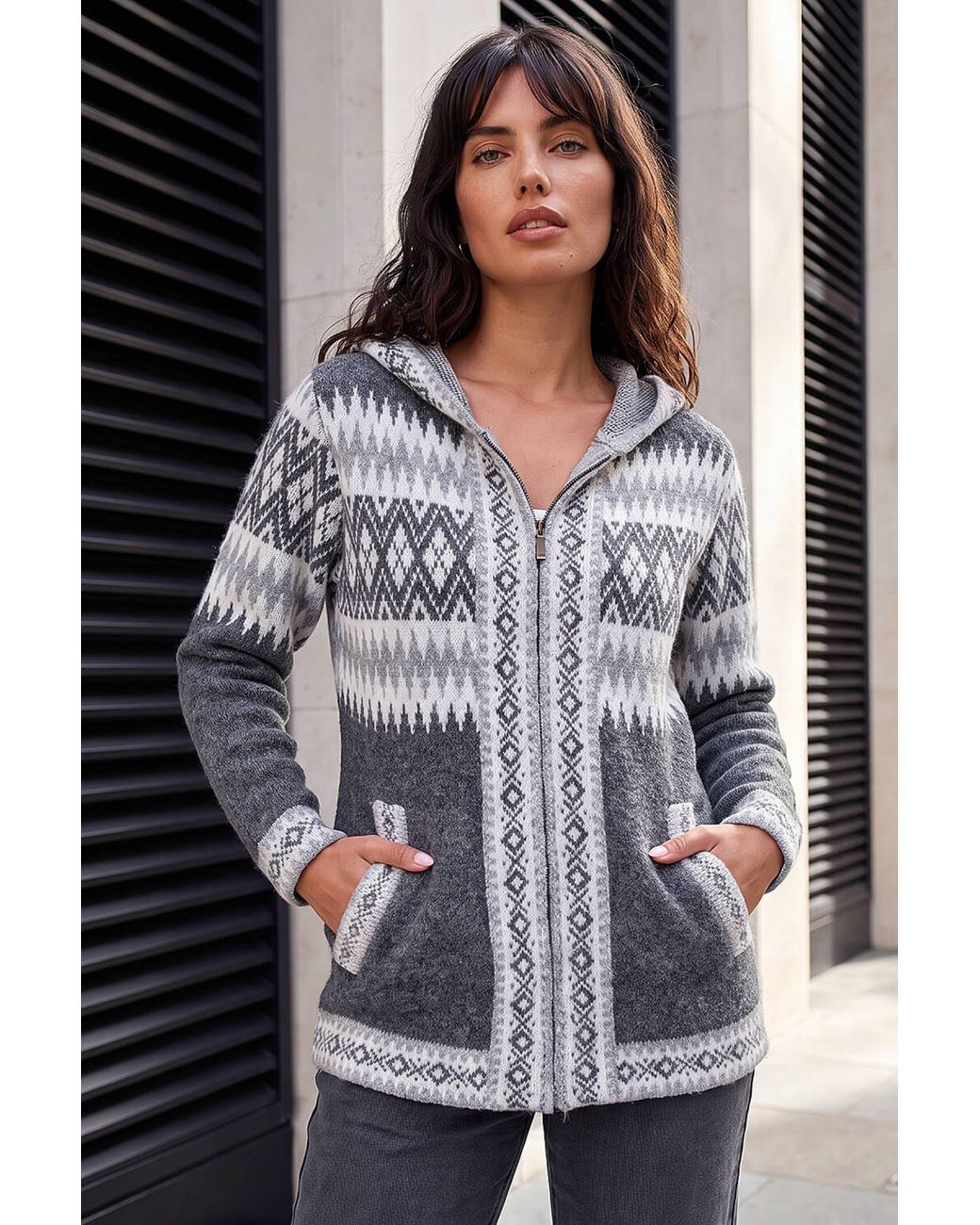 Roman Gray Jacquard Zipped Knit Cardigan