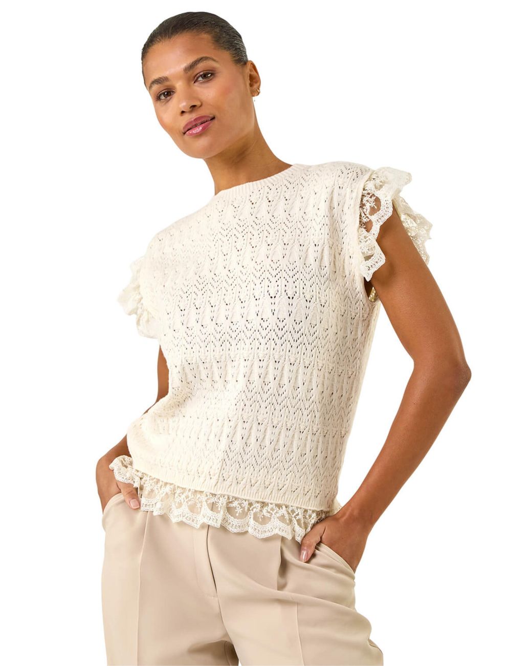 Roman Natural Frill Lace Knitted Top