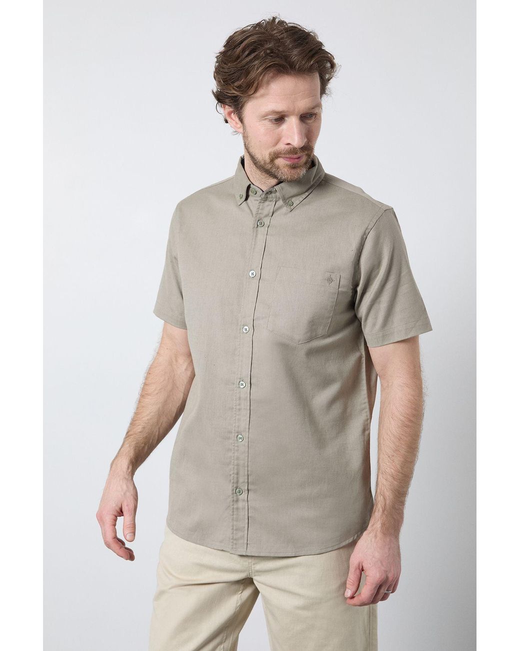 MAINE Green Short Sleeve Linen Blend Shirt Cotton for men