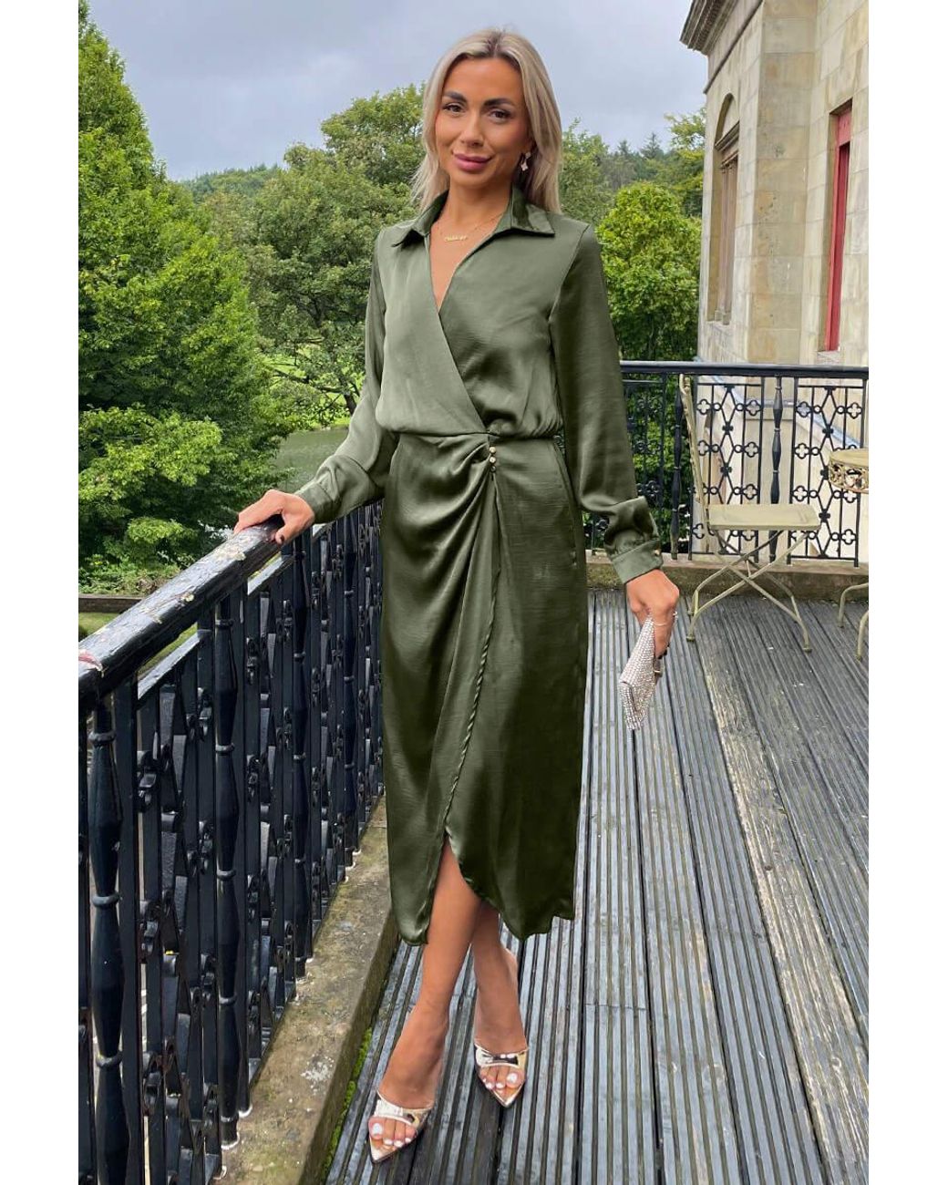 green wrap satin dress Dark Green Wrap Satin Dress With Flutter Sleeves