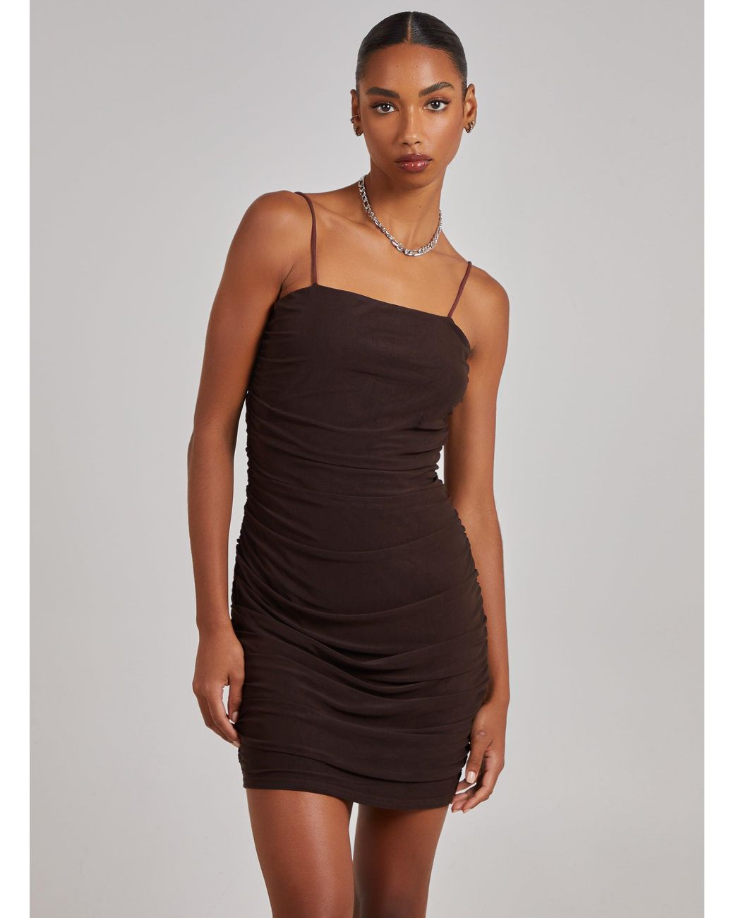 Pink Vanilla Brown Ruched Mesh Strappy Dress
