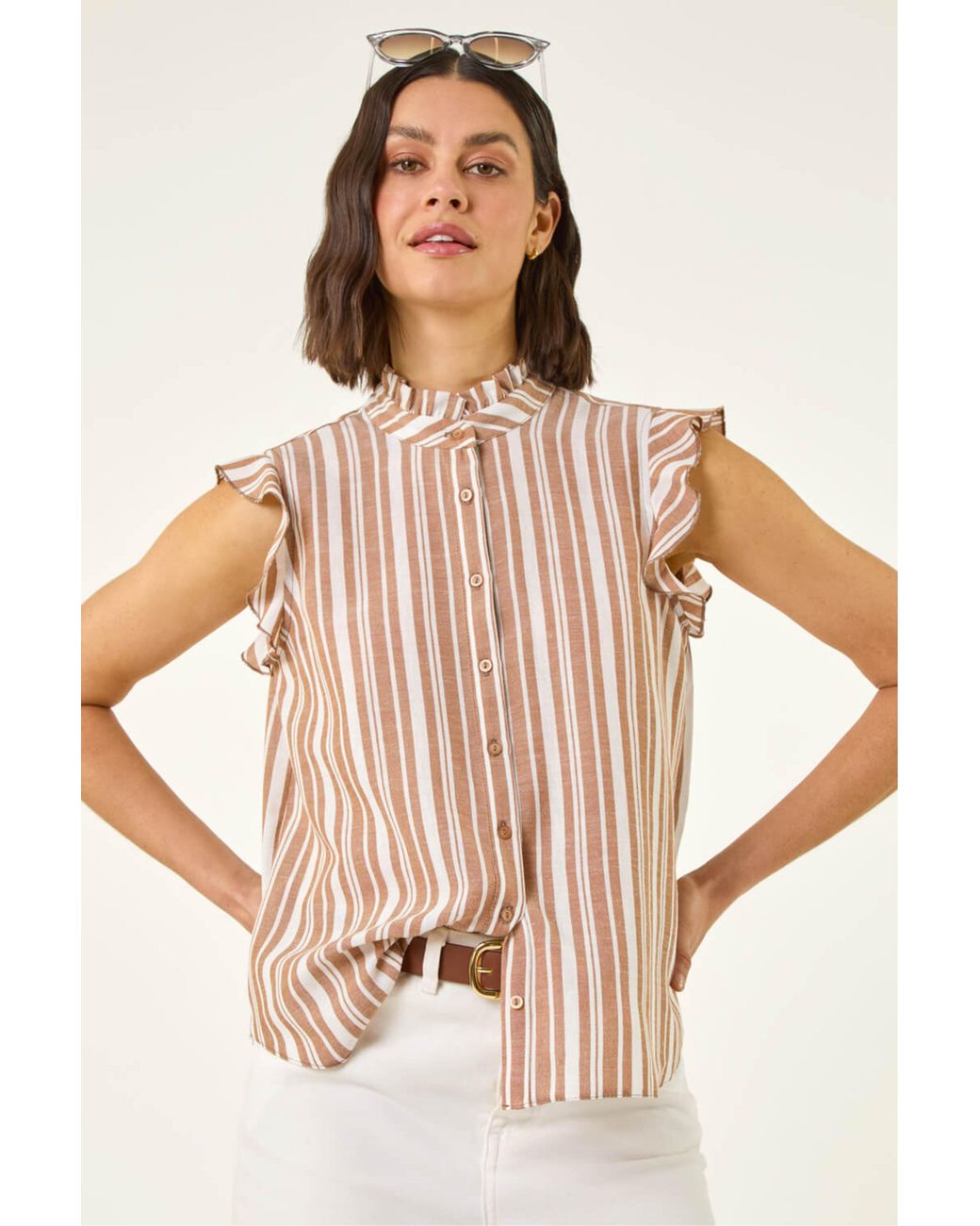 Roman Natural Stripe Frill Sleeve Blouse