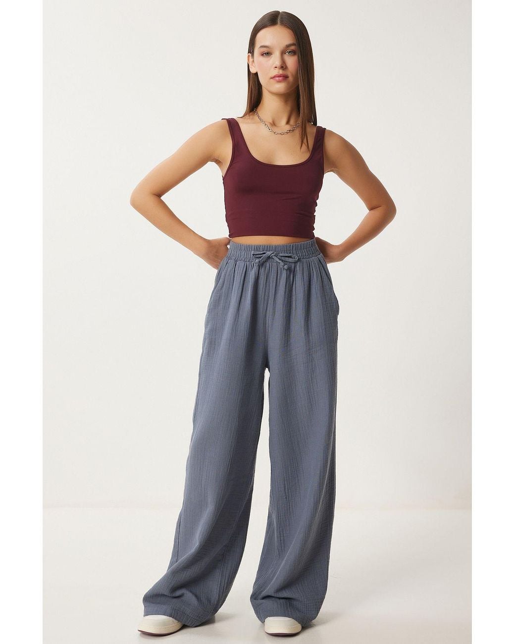 Happiness İstanbul Blue Wide Leg Drawstring Waist Pants With Binding Detail