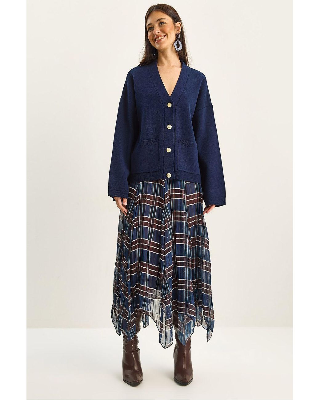 Bianco Lucci Blue Lined Checkered Midi Skirt