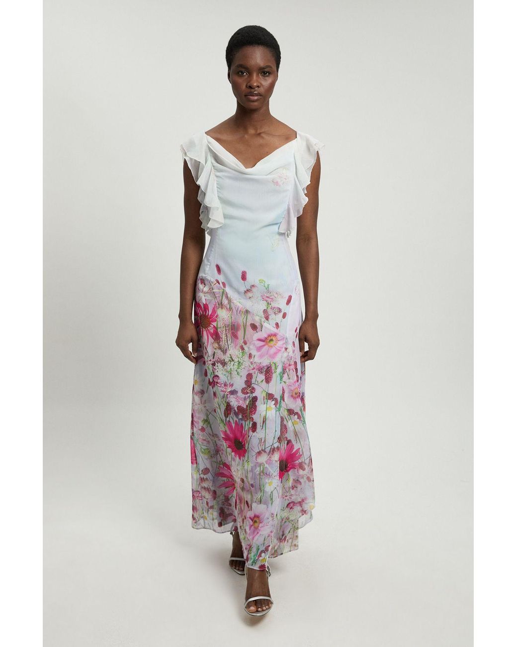 Karen Millen Pink Crinkle Georgette Floral Print Ruffle Sleeve Woven Midi Dress