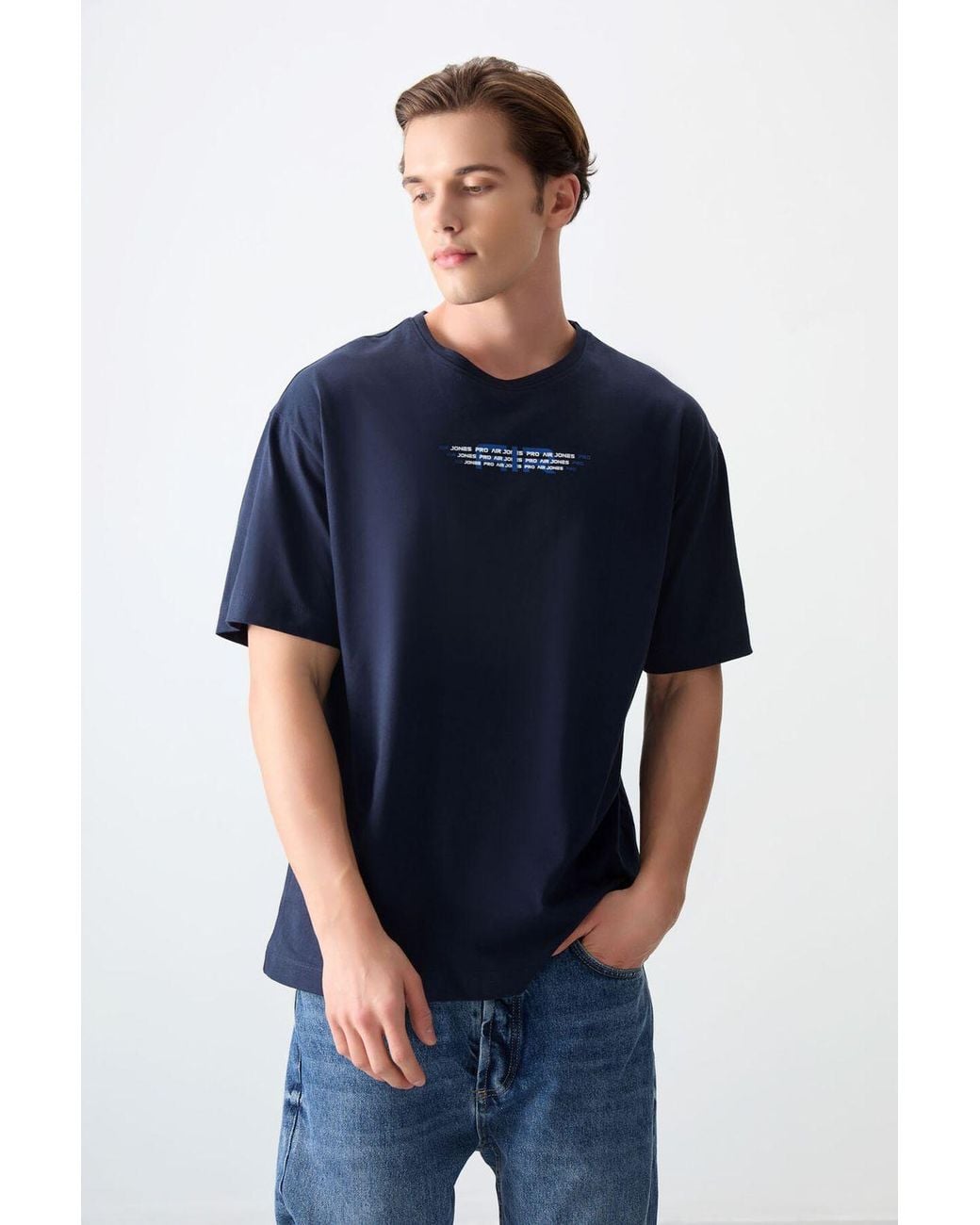 TOMMY LIFE Blue Oversized Cotton Logo T-Shirt for men