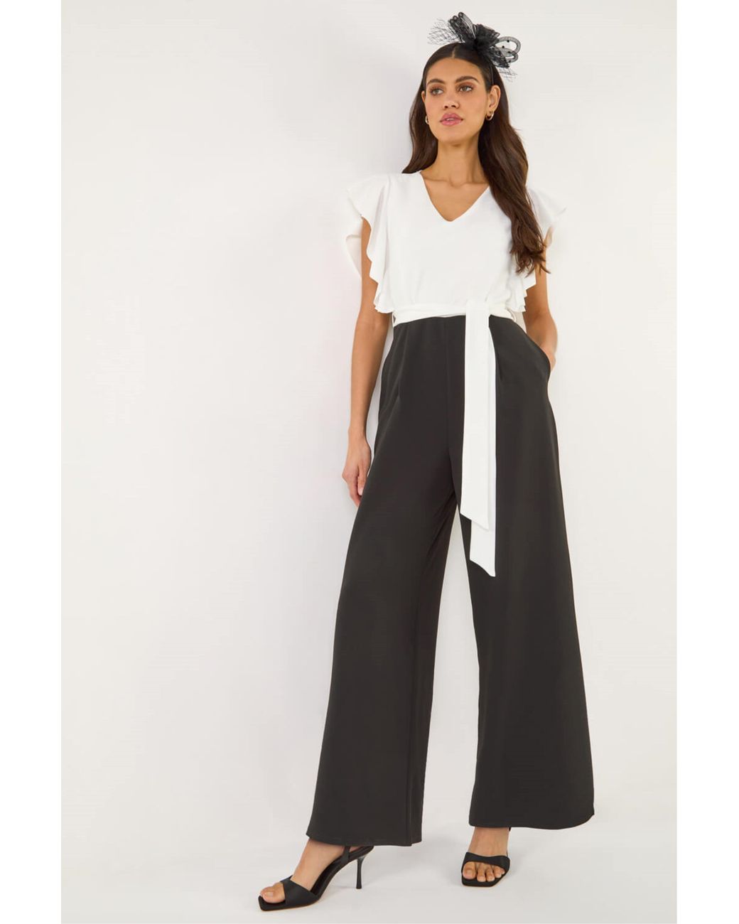 Roman White Colour Block V-Neck Stretch Jumpsuit