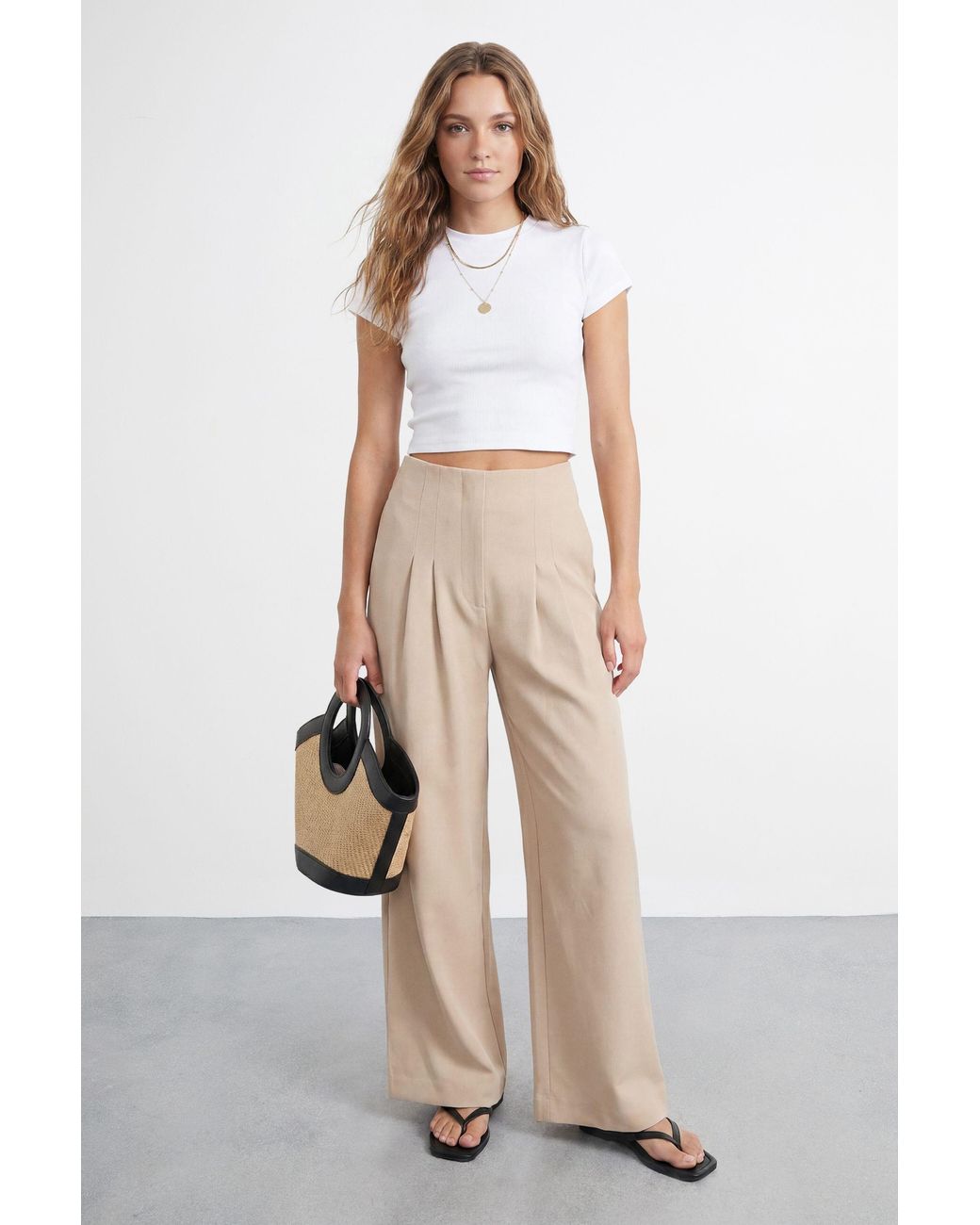 Warehouse Natural Extreme High Waisted Wide Leg Pleated Tailored Trousers