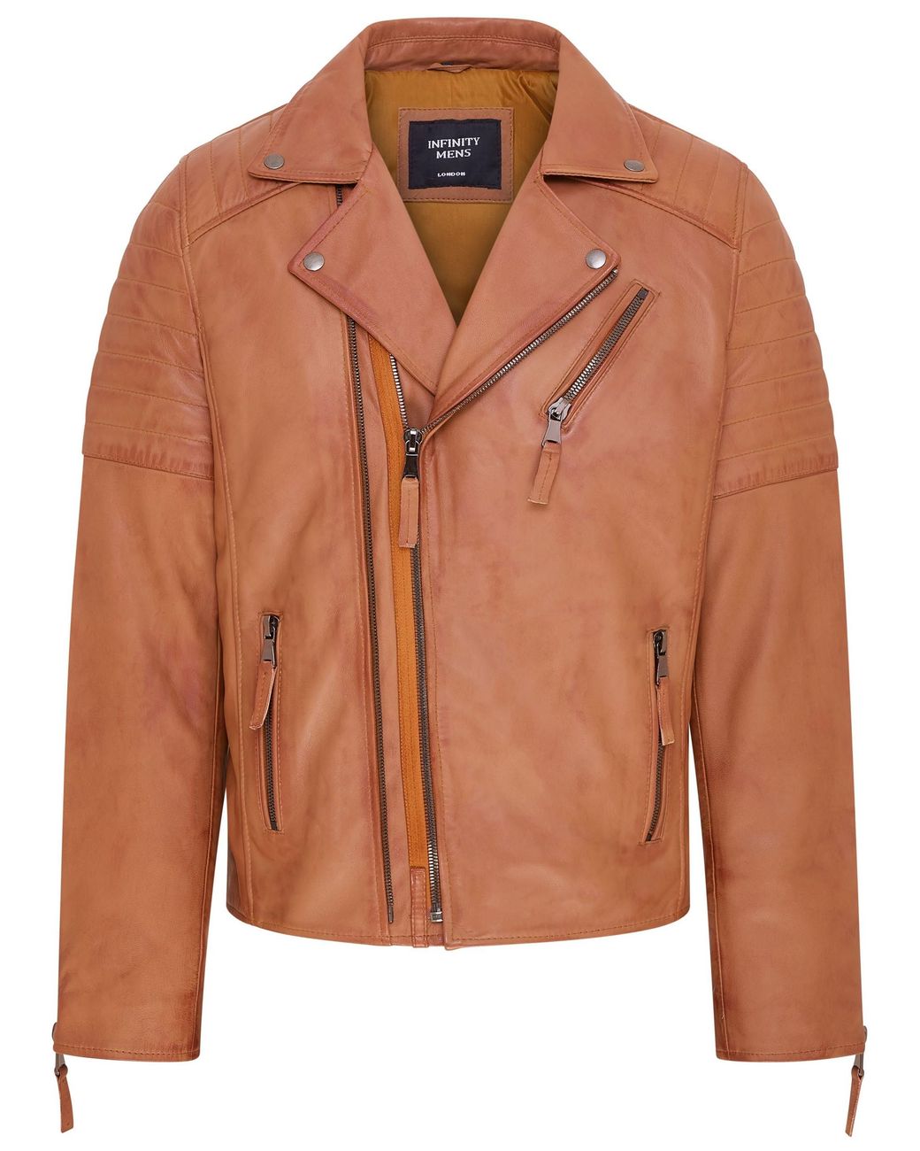 Infinity Leather Brown Brando Double Cross Zip Biker Jacket- Fagernes Lamb Leather for men