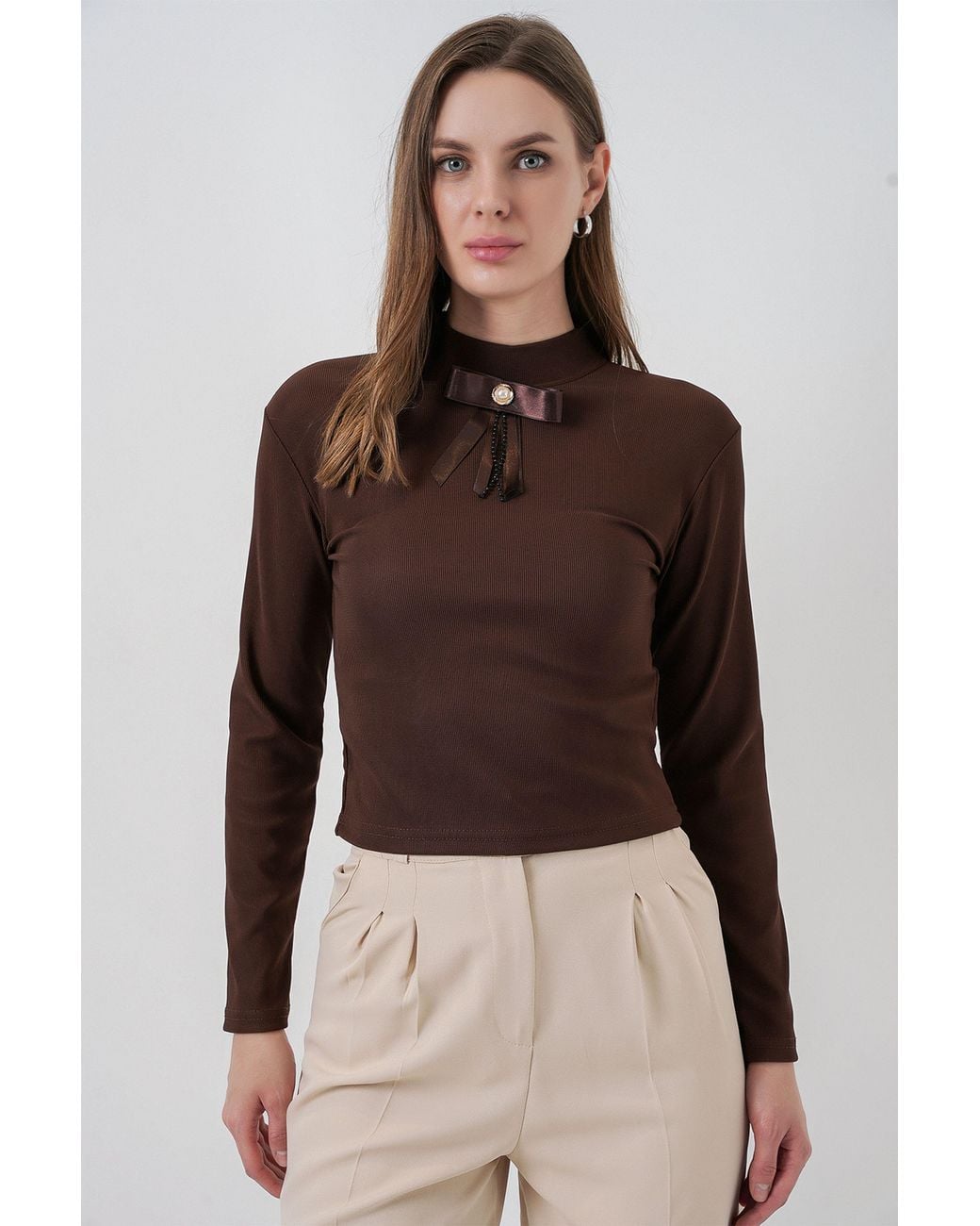 Bigdart Brown Fitted Long Sleeve Half Turtleneck Blouse With Ribbon Detail