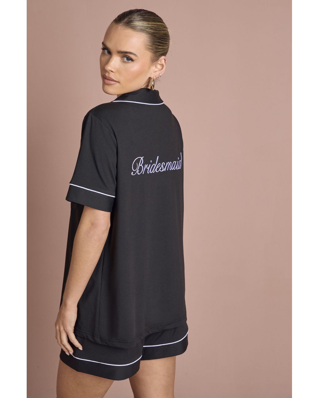 Boohoo Black Bridal 'Bridesmaid' Satin Embroidered Short Sleeve Shirt & Pyjama Set
