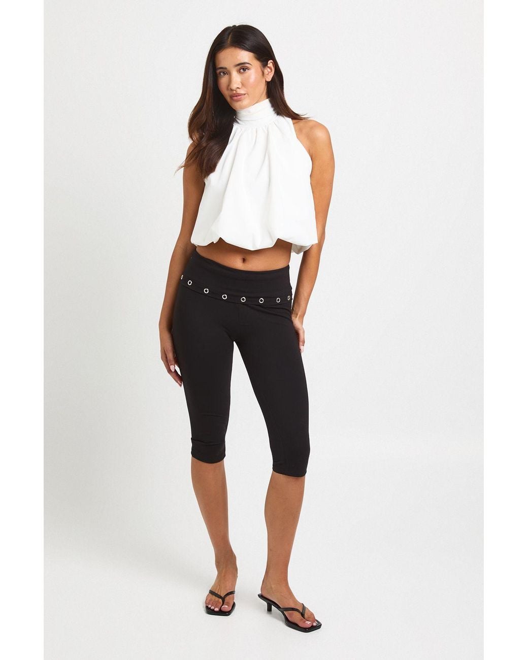 Boohoo Black Studded Foldover Waistband Capri