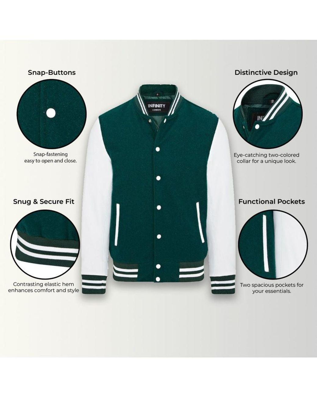 Infinity Leather Green Letterman Baseball Wool Varsity Bomber Jacket for men