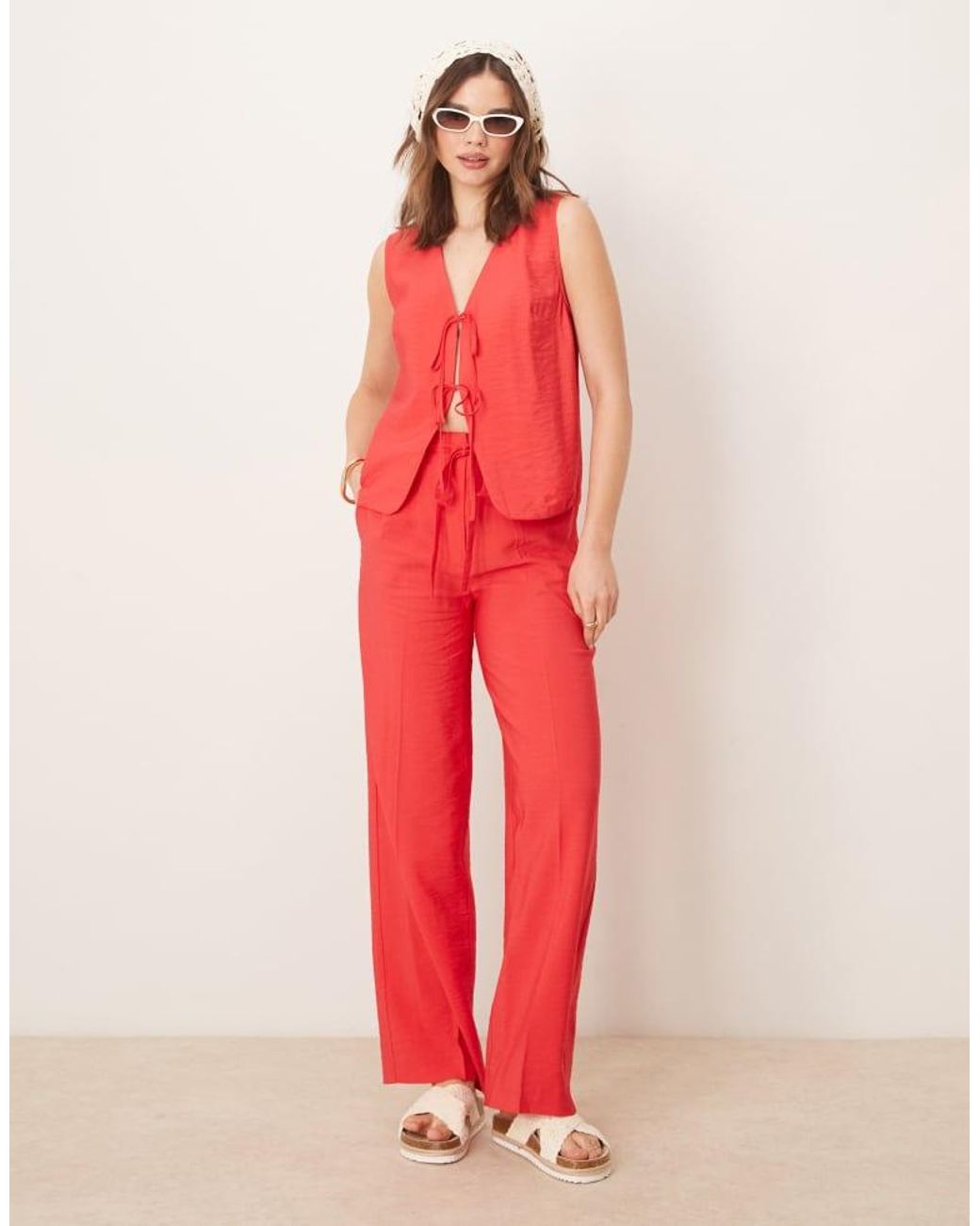ASOS Red Linen Look Tie Front Top Co-Ord