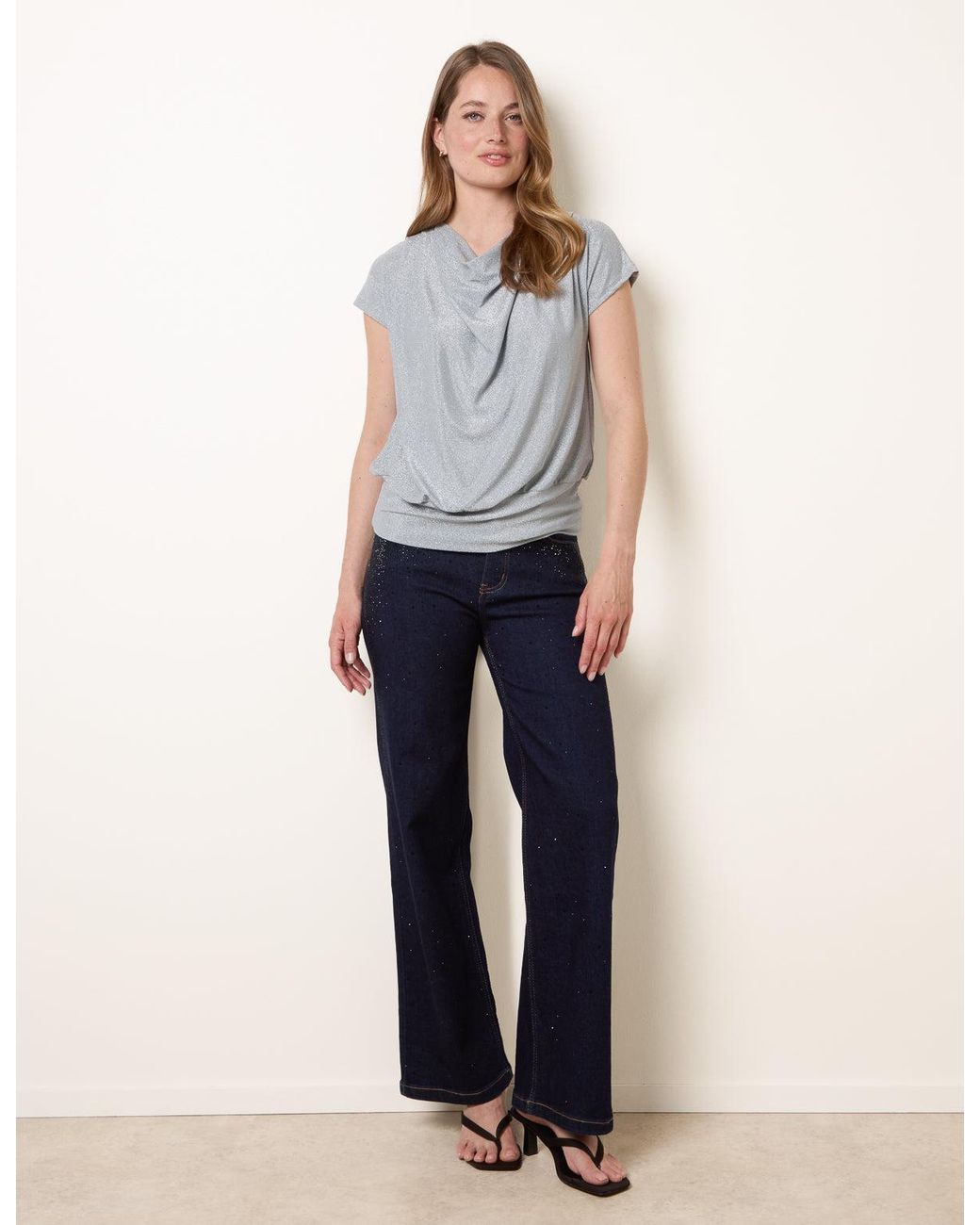 Blue Vanilla Blue Metallic Cowl Neck Draped Top