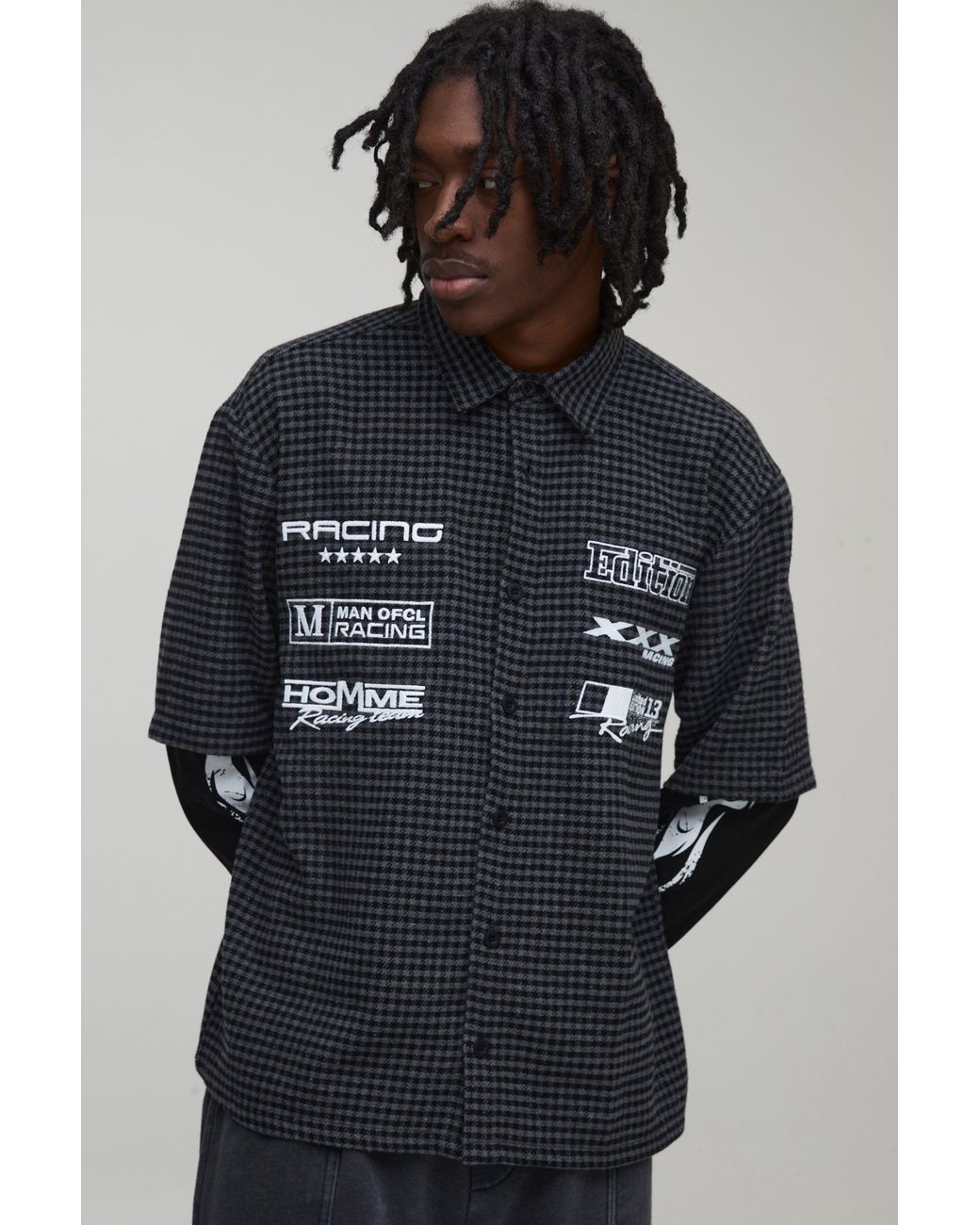 BoohooMAN Black Oversized Moto Badge Faux Layer Check Shirt for men