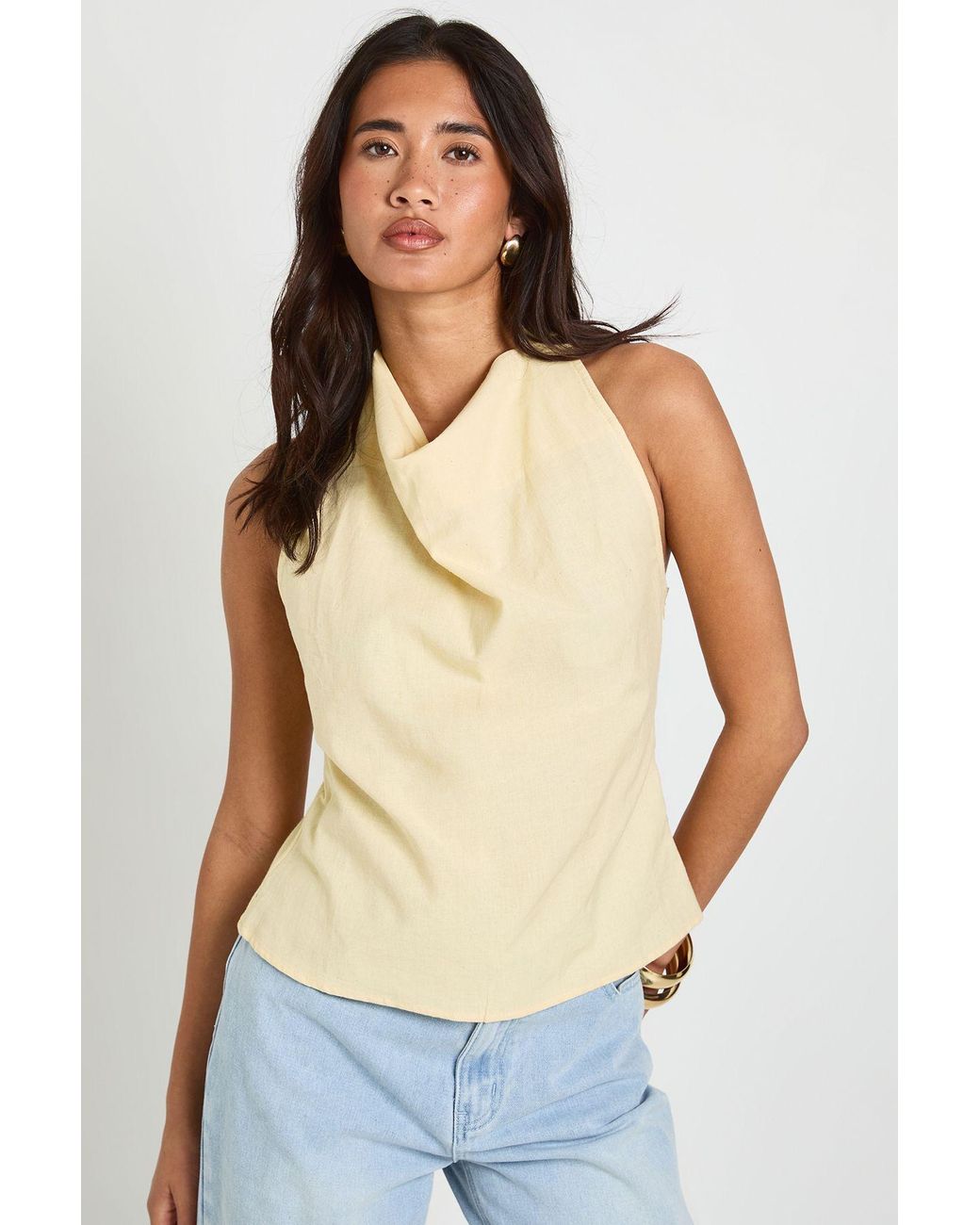 Boohoo Yellow Linen Look Cowl Neck Top