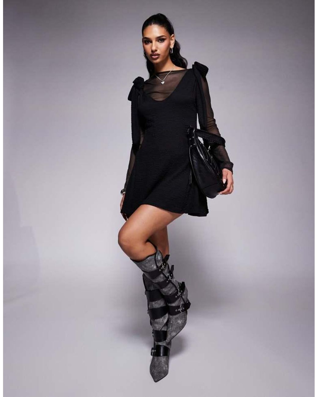 ASOS Black Mesh Insert Tie Shoulder Swing Mini Dress