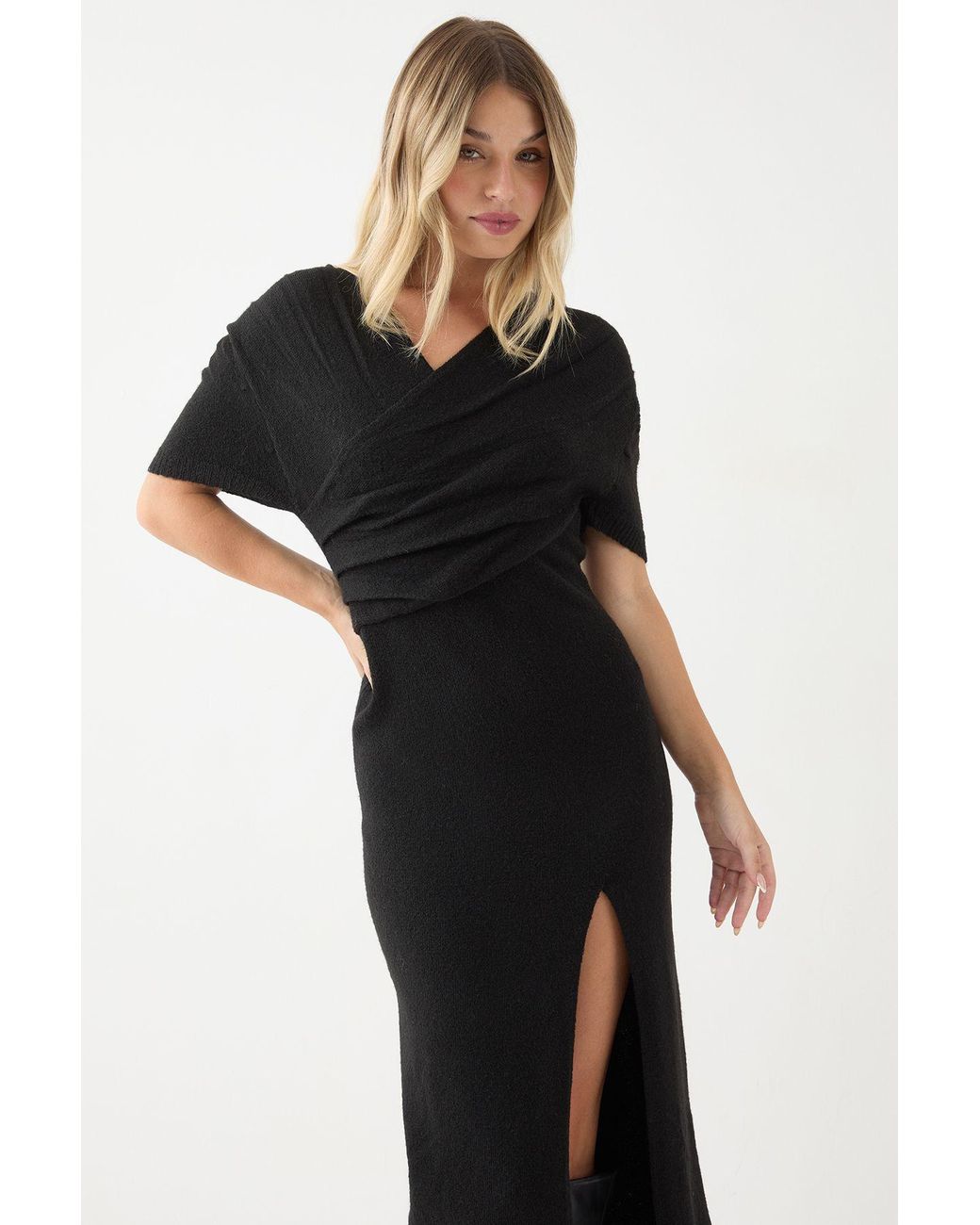 MissPap Black Knitted Wrap Front Split Hem Maxi Dress