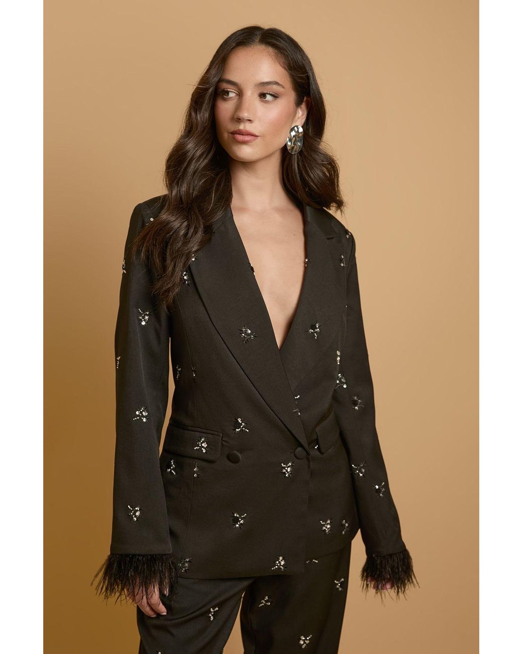 Oasis Brown Feather Cuff Jewelled Blazer