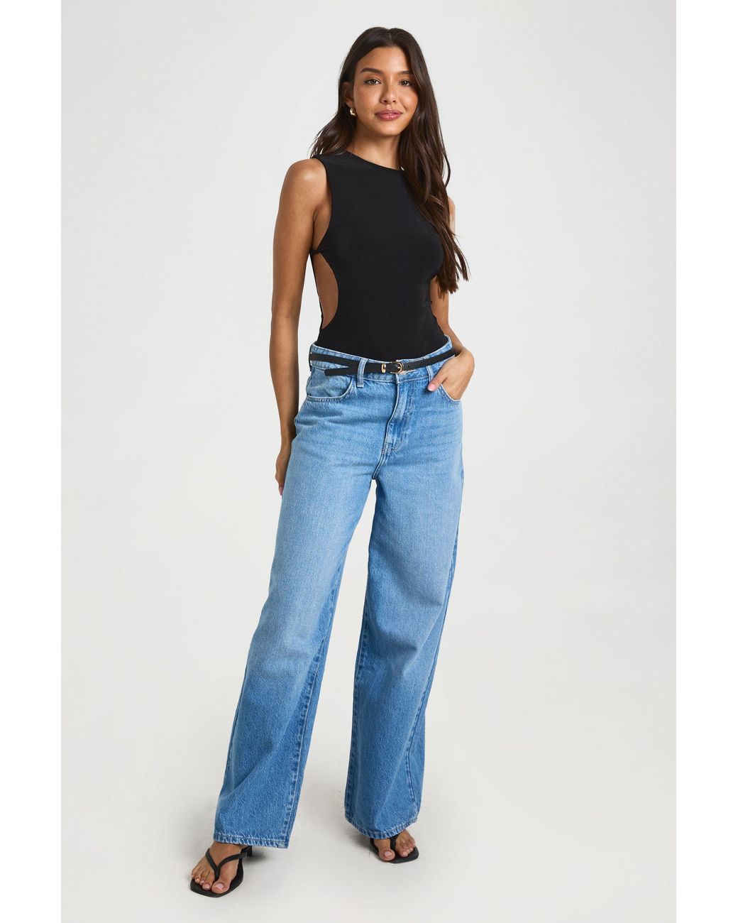 Boohoo Blue Slinky Twist Side Detail Cut Out Bodysuit