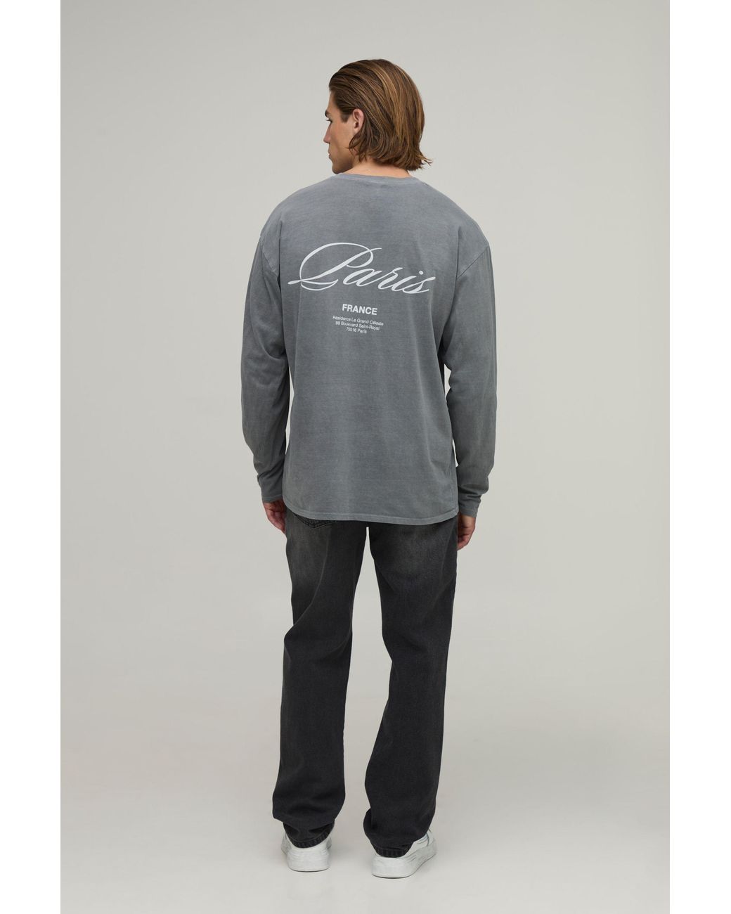 BoohooMAN Gray Washed Oversized Paris Print Long Sleeve T-Shirt for men