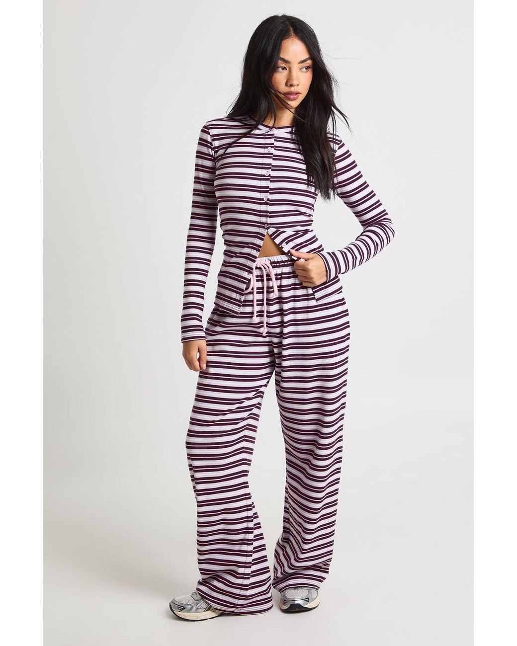 Boohoo Red Stripe Rib Button Through Long Sleeve Top