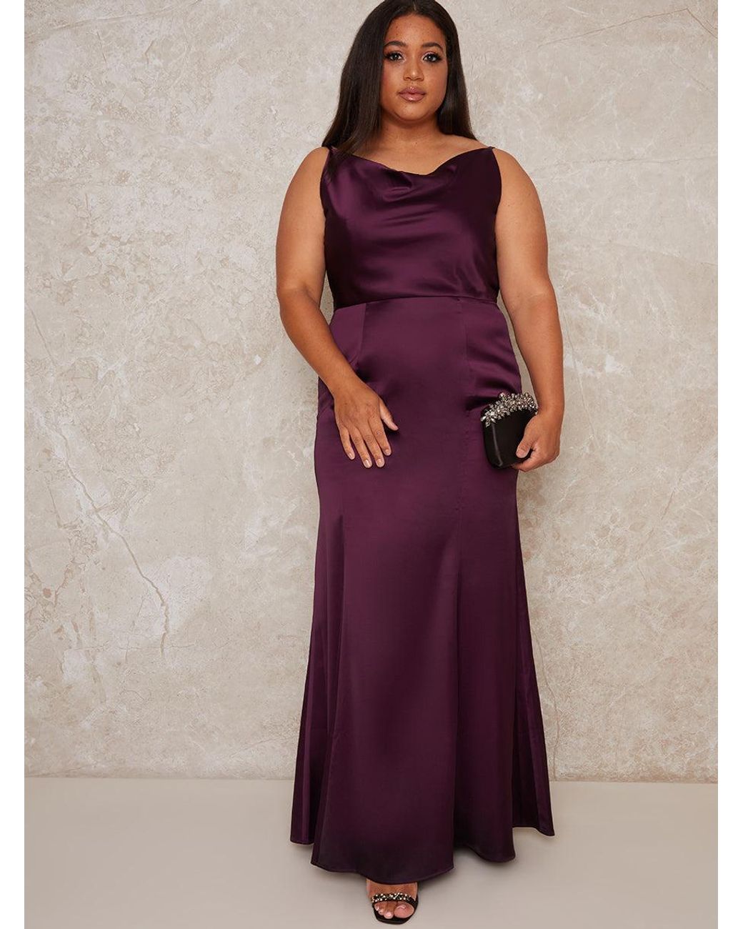 Chi Chi London Purple Plus Size Cowl Neck Satin Slip Maxi Dress