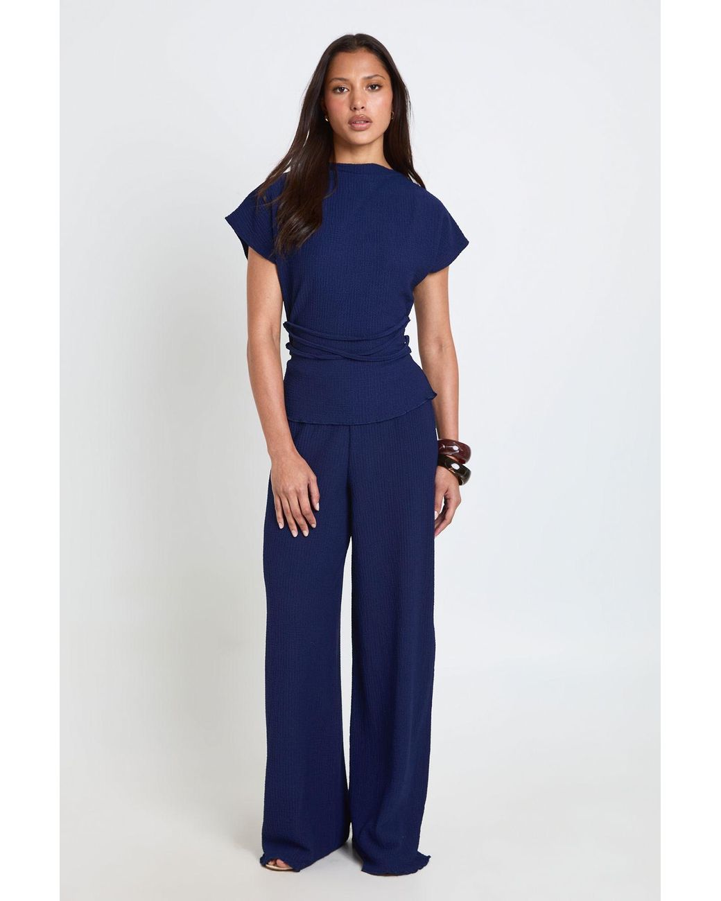 Boohoo Blue Crinkle Tie Back Top Wide Leg Trouser Co Ord