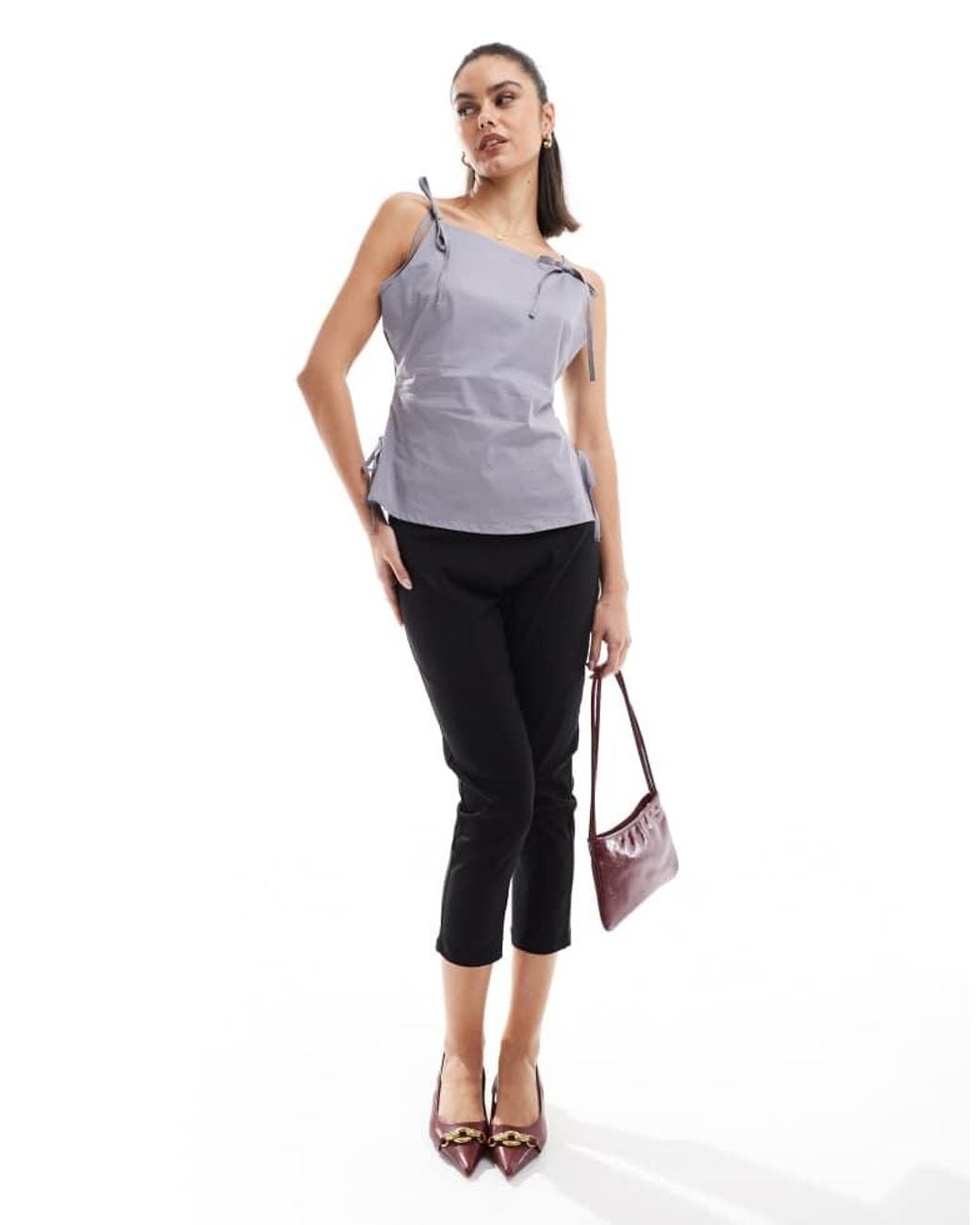 ASOS Gray Tailored Bow Detail Slash Neck Top