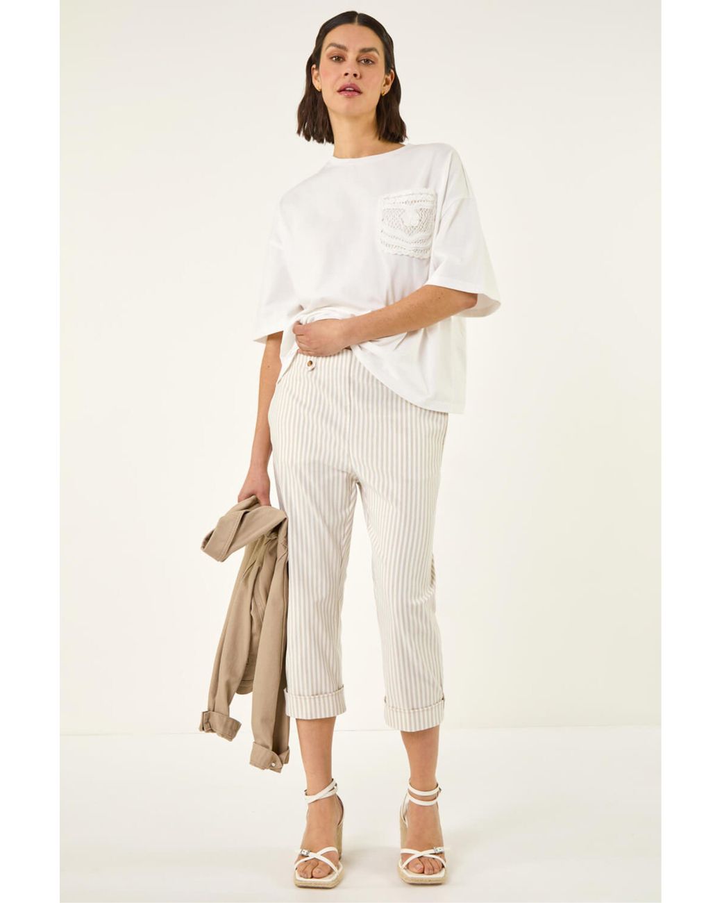 Roman Natural Stripe Rolled Cuff Trouser