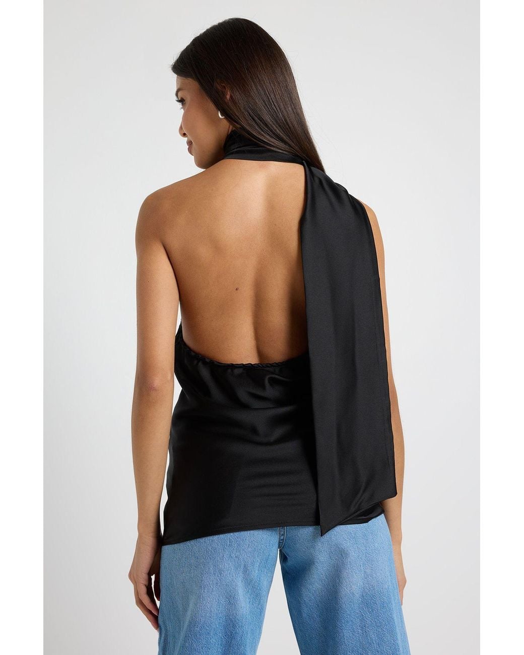 Boohoo Blue Satin Scarf Detail Ruched One Shoulder Top