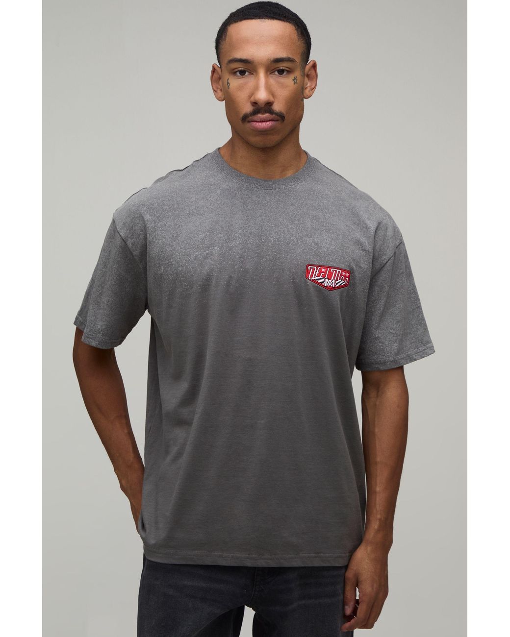 BoohooMAN Gray Oversized Ofcl Embroidered Spray Wash T-Shirt for men