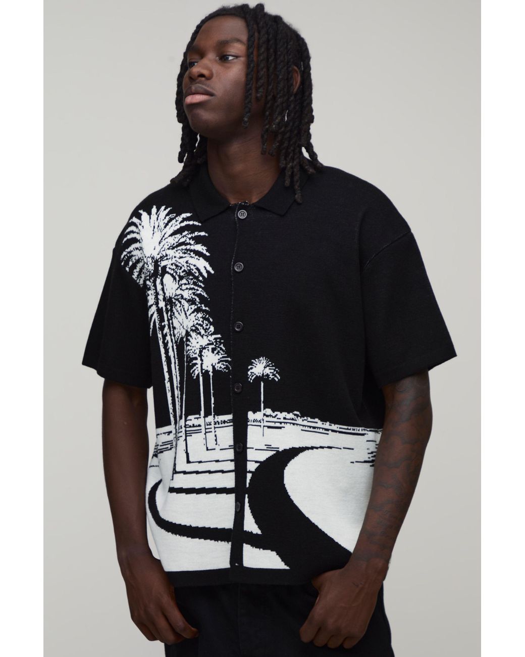 BoohooMAN Black Relaxed Palm Scenic Jacquard Knitted Shirt for men