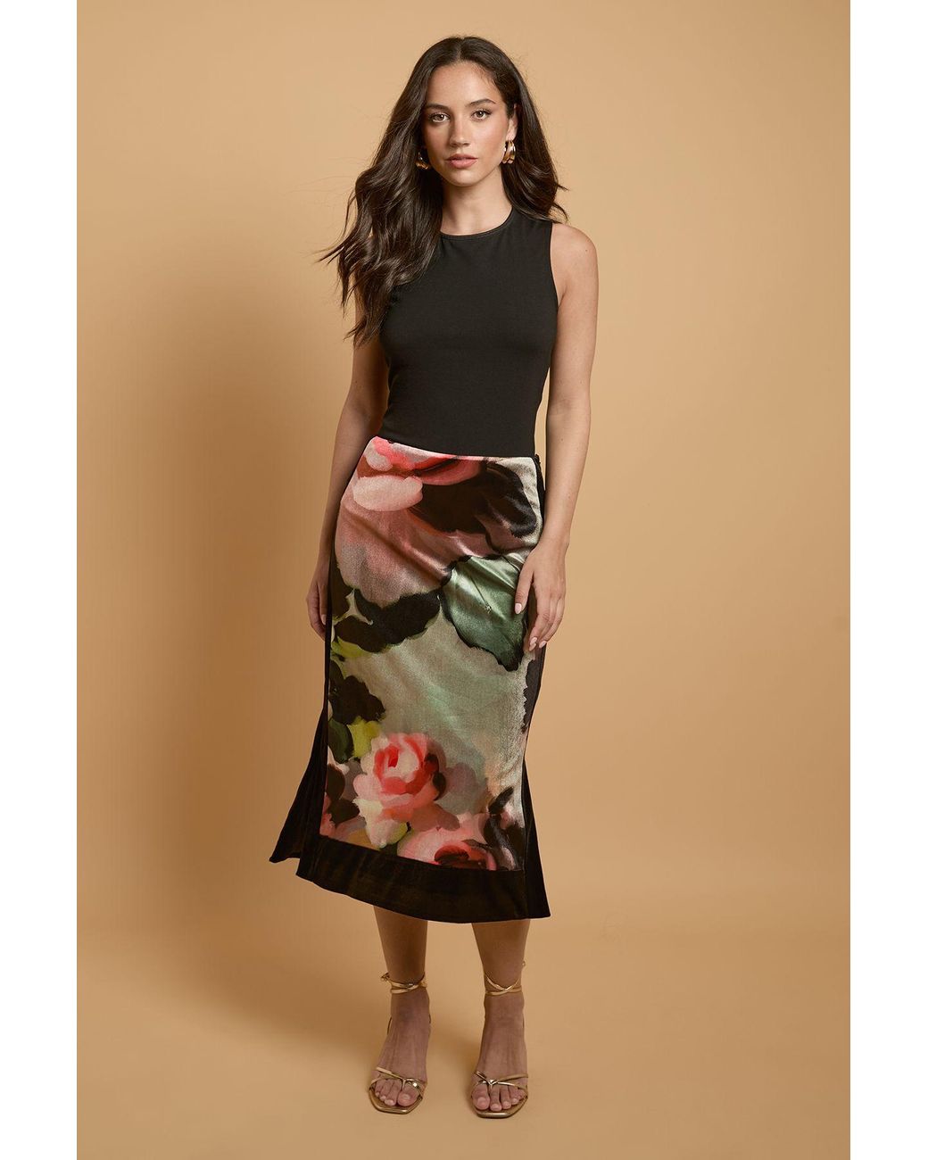 Oasis Natural Statement Rose Velvet Midi Skirt