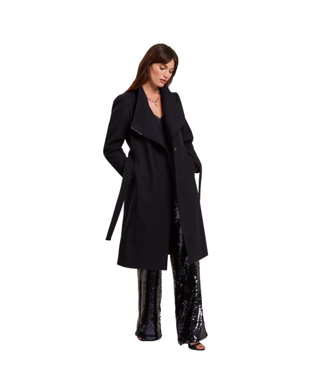 Ted Baker Black Rose Midi Length Belted Wool Wrap Coat