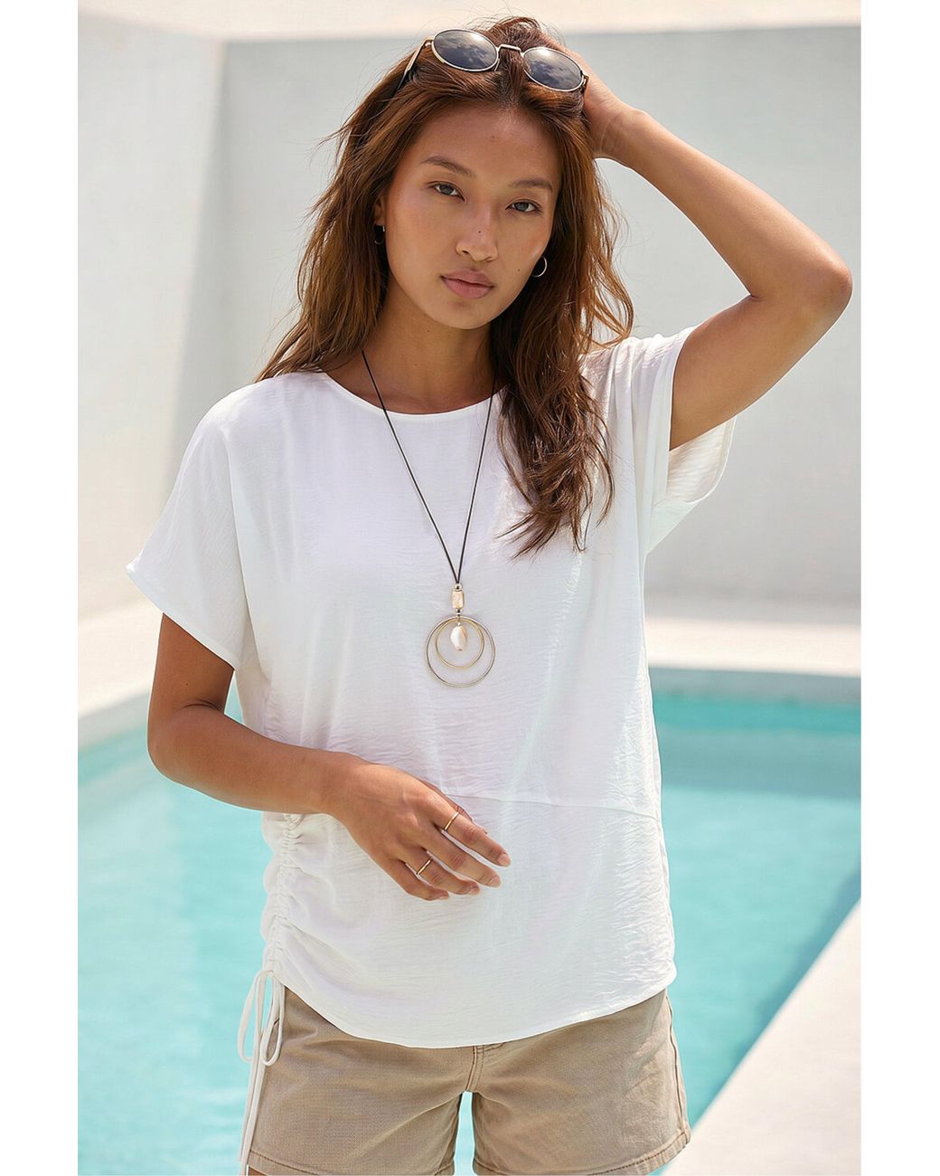 Roman White Side Ruched Necklace Tunic Top