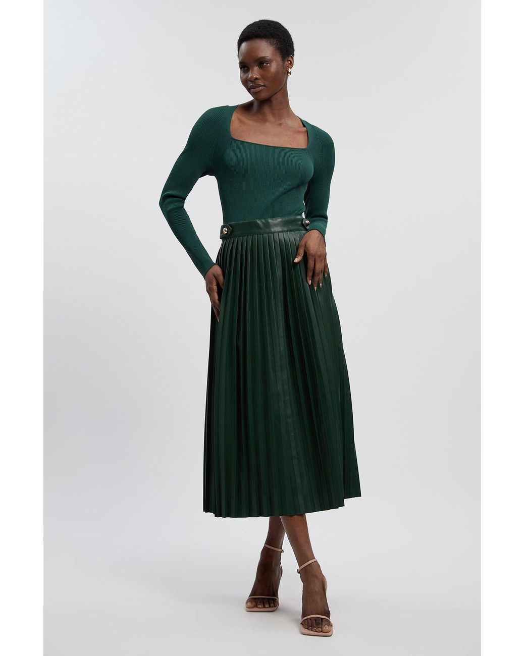 Karen Millen Green Viscose Rib Pu Mix Tab Detail Pleated Knit Midi Dress