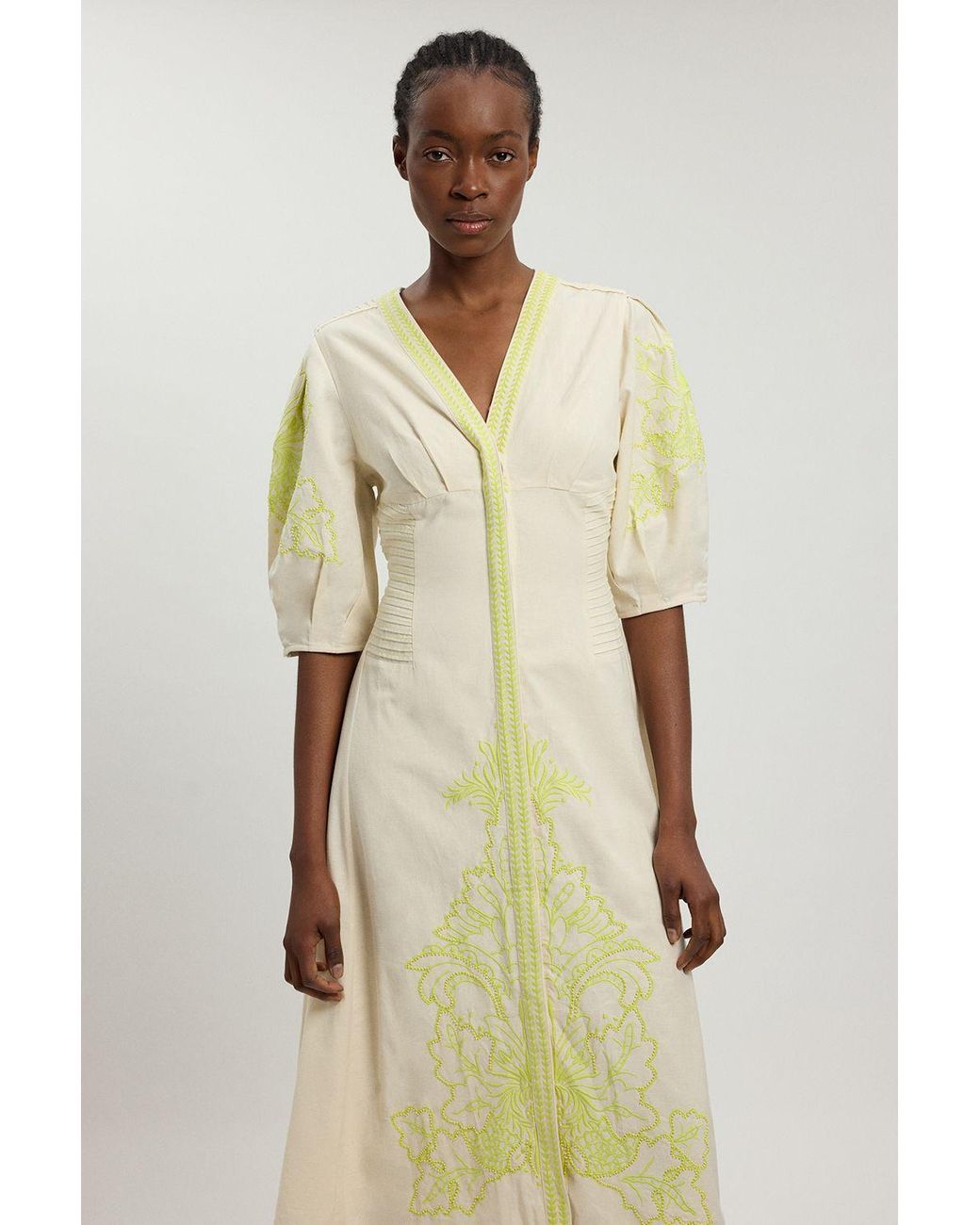 Karen Millen Natural Linen Blend Beaded Cutwork Midi Dress
