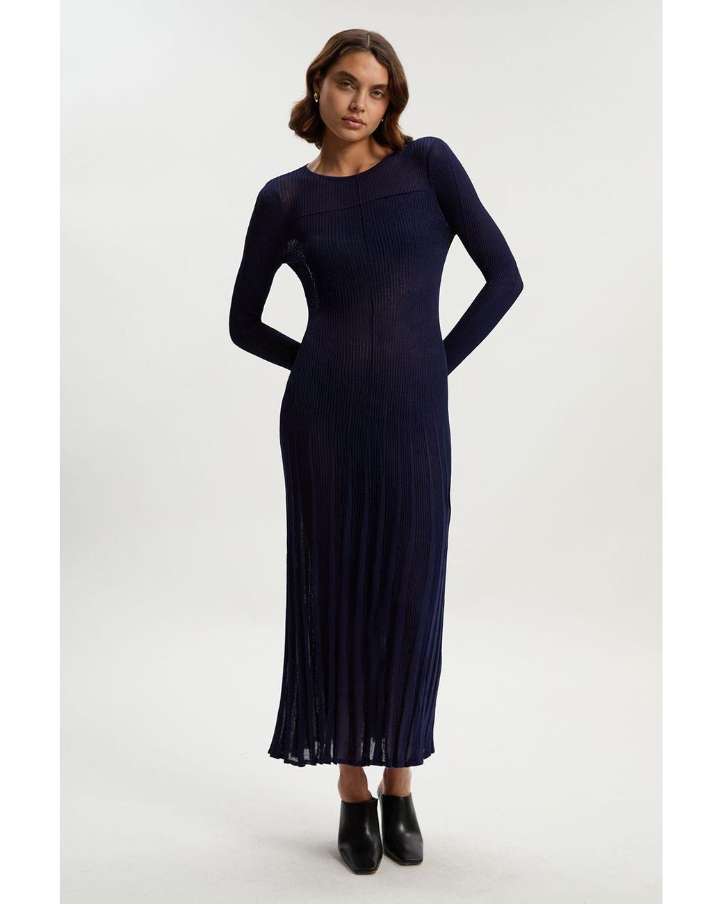 Karen Millen Blue Drapey Sheer Rib Knitted Midi Dress