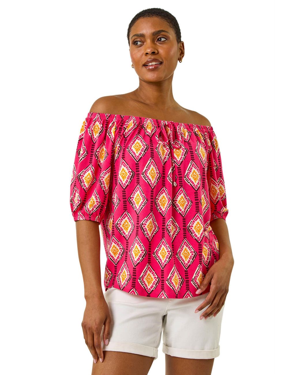 Roman Red Printed Bardot Tie Front Stretch Top