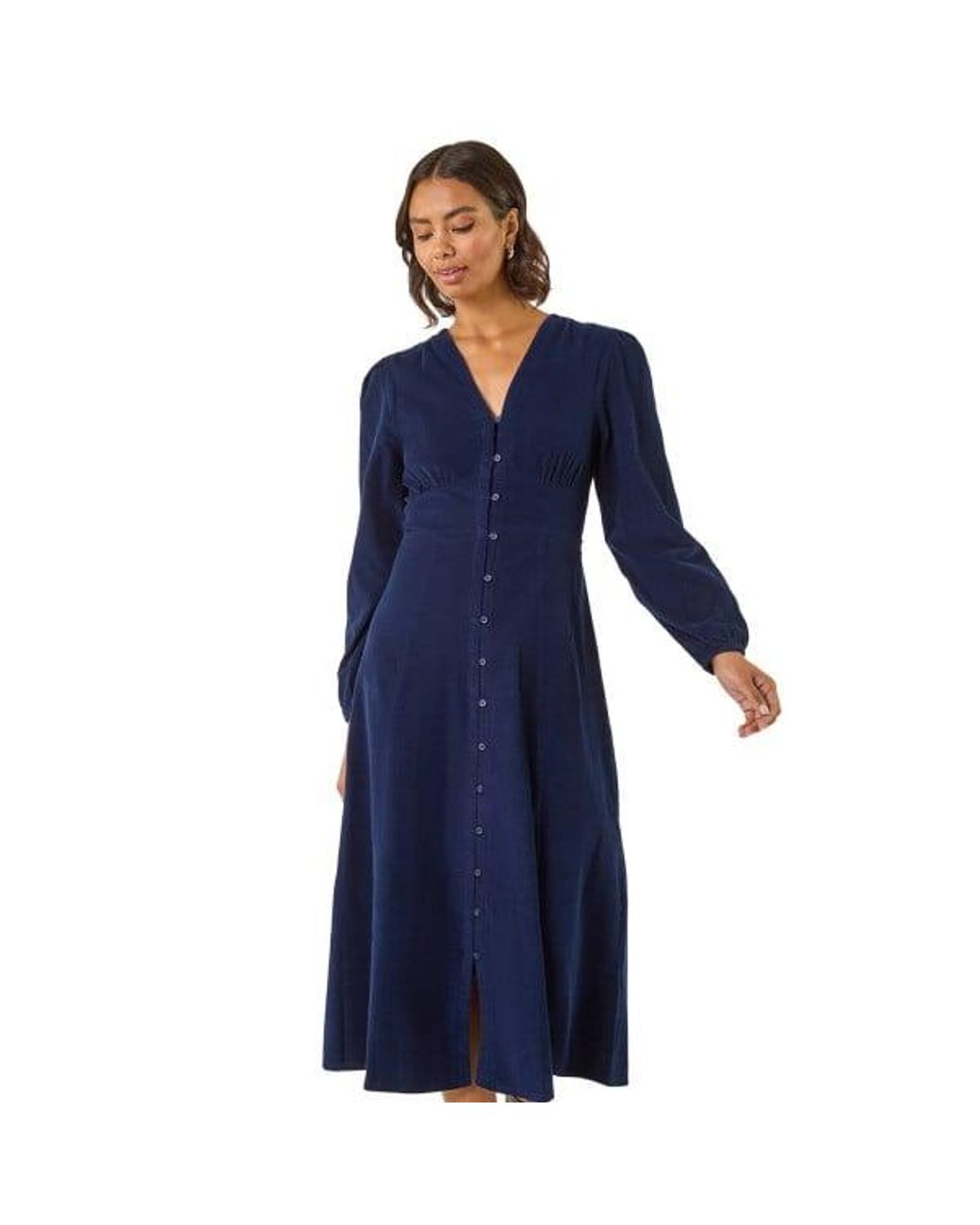 Roman Blue Corduroy Button Through Midi Dress