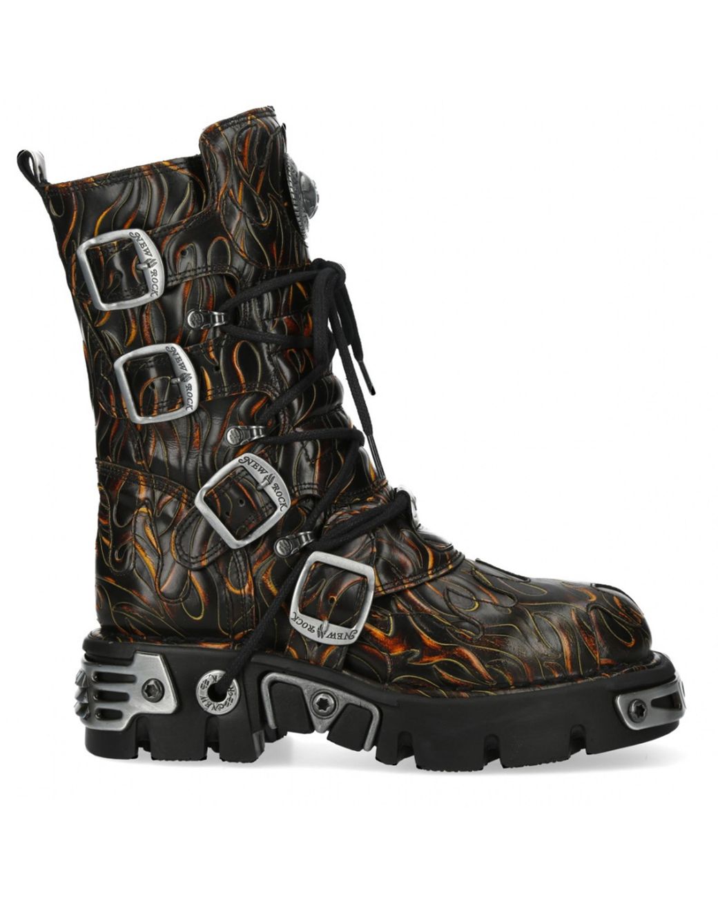 New Rock Black M-591-C62 Mid-Calf High Flame Leather Metallic Gothic Boots