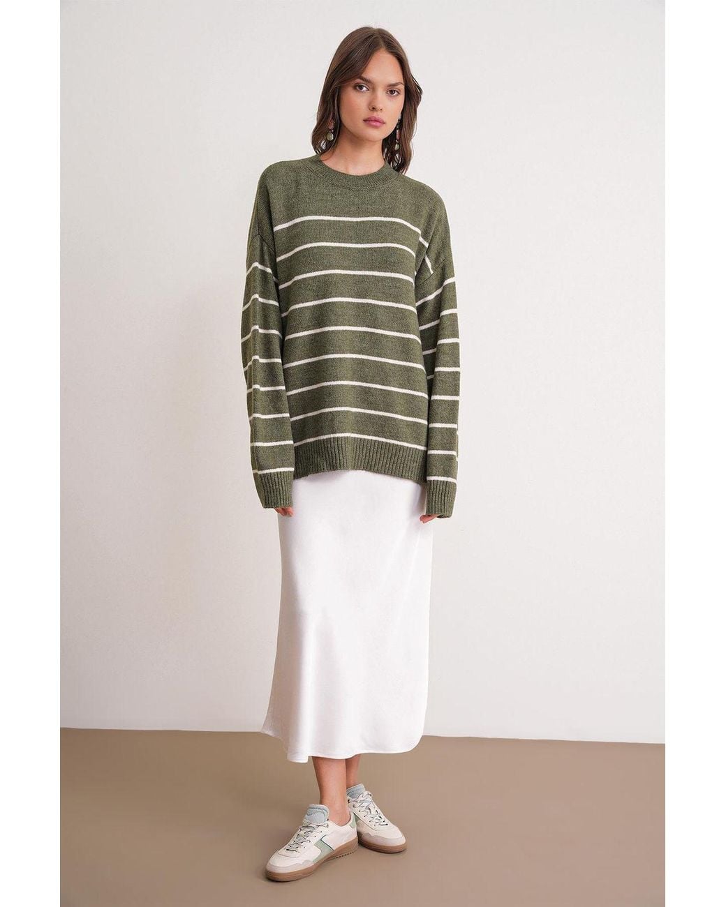 MixRay Green Striped Crew Neck Relaxed Knit Pullover Sweater