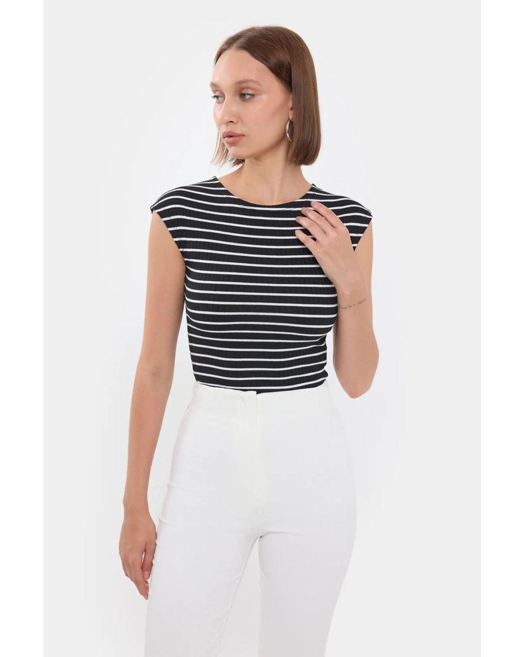 Hiccup White Striped Ribbed Cap-Sleeve Top