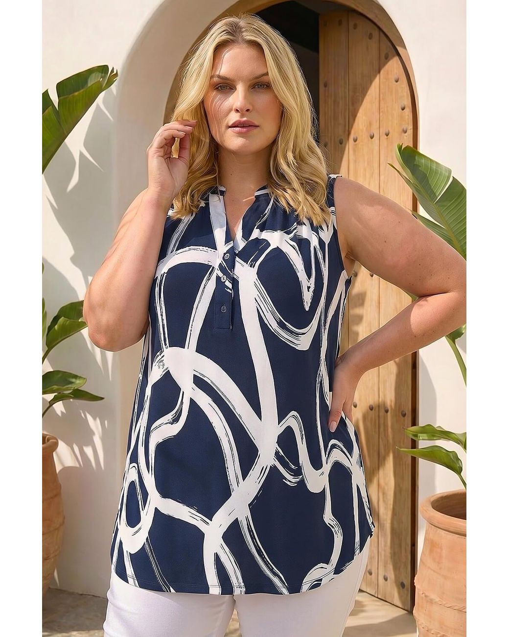 Roman Blue Curve Abstract Print Vest Top