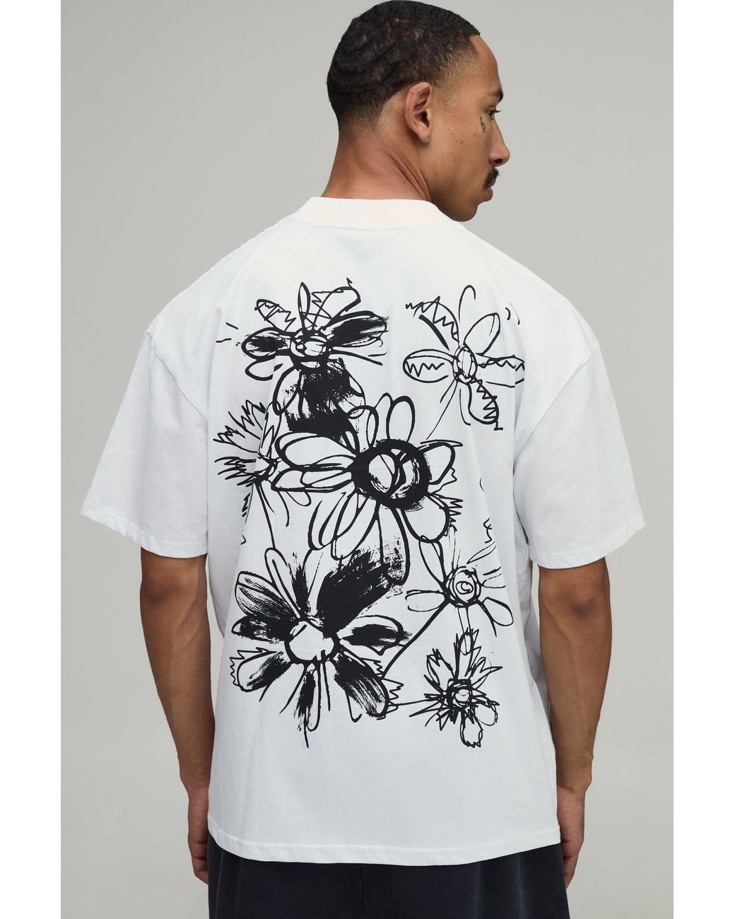 BoohooMAN Gray Oversized Doodle Floral Print T-Shirt Cotton for men